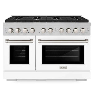 ZLINE 48" 6.7 cu. ft. Paramount Double Oven Gas Range with 8 Burner Cooktop in Satin Stainless Steel with White Matte Doors, SGRS-WM-48