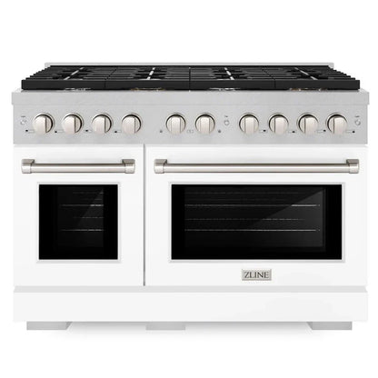 ZLINE 48" 6.7 cu. ft. Paramount Double Oven Gas Range with 8 Burner Cooktop in Satin Stainless Steel with White Matte Doors, SGRS-WM-48