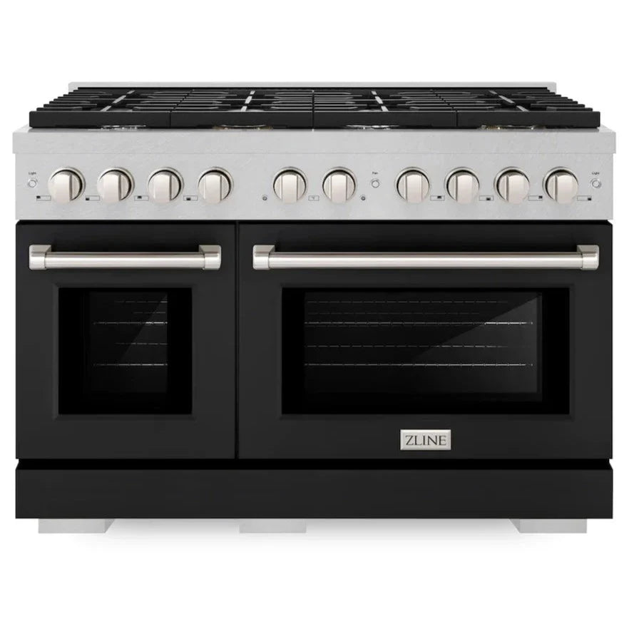 ZLINE 48" 6.7 cu. ft. Paramount Double Oven Gas Range with 8 Burner Cooktop in Satin Stainless Steel with Black Matte Doors, SGRS-BLM-48