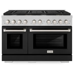 ZLINE 48" 6.7 cu. ft. Paramount Double Oven Gas Range with 8 Burner Cooktop in Satin Stainless Steel with Black Matte Doors, SGRS-BLM-48