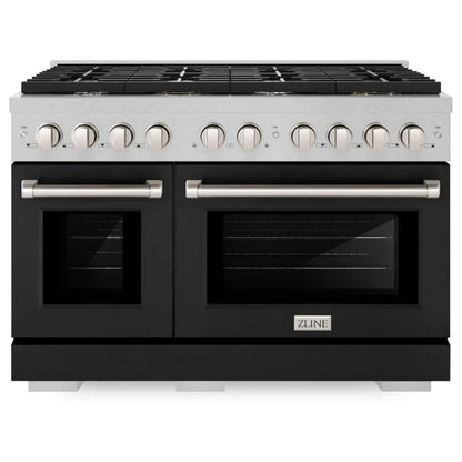 ZLINE 48" 6.7 cu. ft. Paramount Double Oven Gas Range with 8 Burner Cooktop in Satin Stainless Steel with Black Matte Doors, SGRS-BLM-48