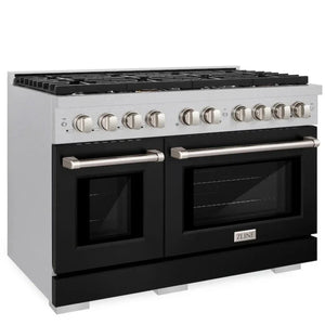 ZLINE 48" 6.7 cu. ft. Paramount Double Oven Gas Range with 8 Burner Cooktop in Satin Stainless Steel with Black Matte Doors, SGRS-BLM-48