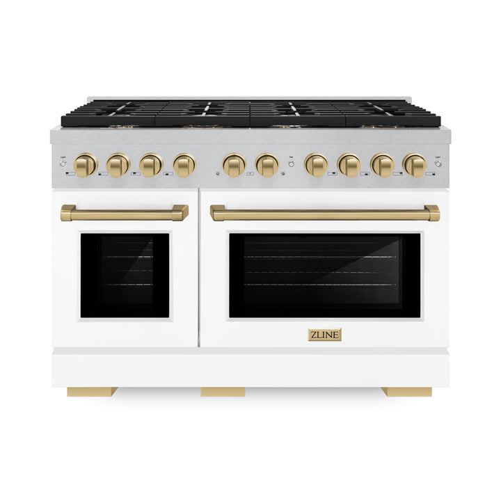 ZLINE Autograph 48" 6.7 cu. ft. Paramount Double Oven Gas Range with 8 Burner Cooktop in Satin Stainless Steel with White Matte Doors and Champagne Bronze Accents, SGRSZ-WM-48-CB