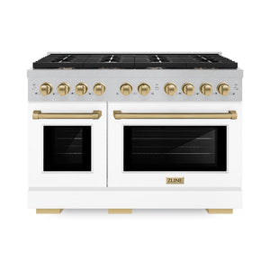 ZLINE Autograph 48" 6.7 cu. ft. Paramount Double Oven Gas Range with 8 Burner Cooktop in Satin Stainless Steel with White Matte Doors and Champagne Bronze Accents, SGRSZ-WM-48-CB