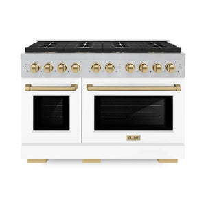 ZLINE Autograph Package - 48" Gas Range and Range Hood in Satin Stainless Steel, White Matte, Bronze Accents