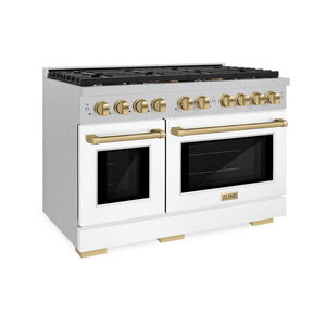 ZLINE Autograph 48" 6.7 cu. ft. Paramount Double Oven Gas Range with 8 Burner Cooktop in Satin Stainless Steel with White Matte Doors and Champagne Bronze Accents, SGRSZ-WM-48-CB