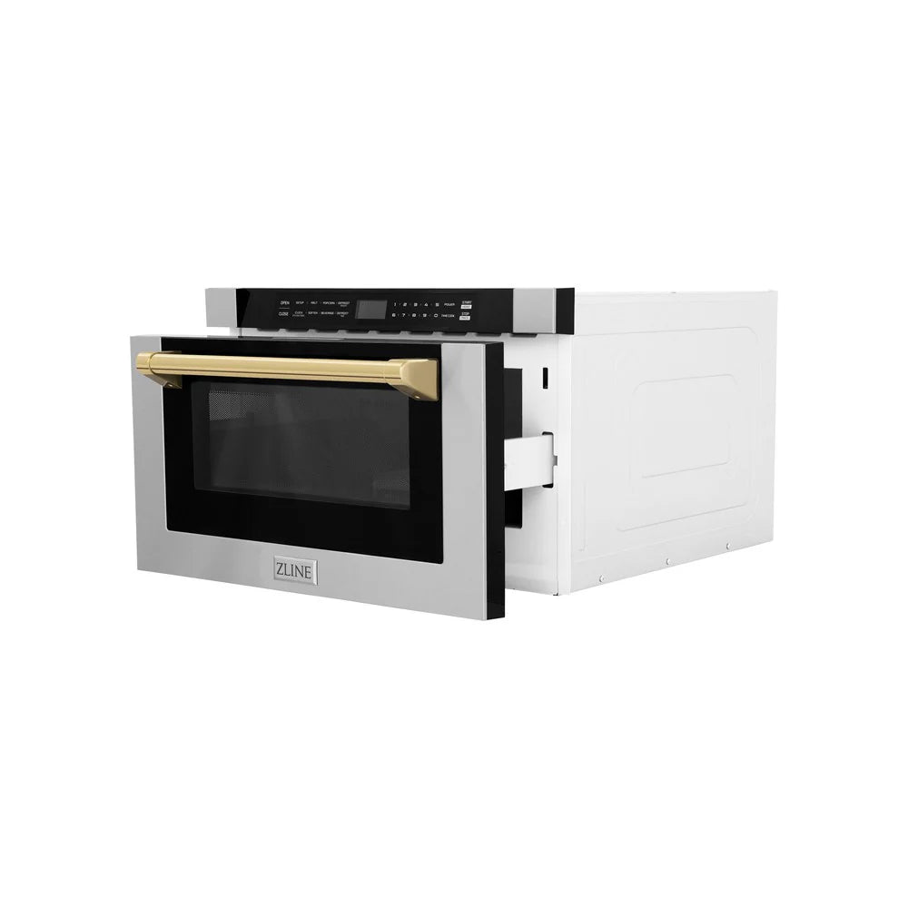 ZLINE Autograph Edition 24" Built-in Microwave Drawer with a Traditional Handle in Stainless Steel Gold Accents
