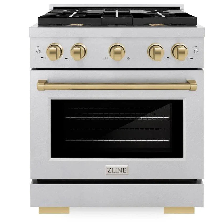 ZLINE Autograph 30" 4.2 cu. ft. Paramount Gas Range with 4 Burner Cooktop and Convection Gas Oven in Satin Stainless Steel and Champagne Bronze Accents, SGRSZ-30-CB