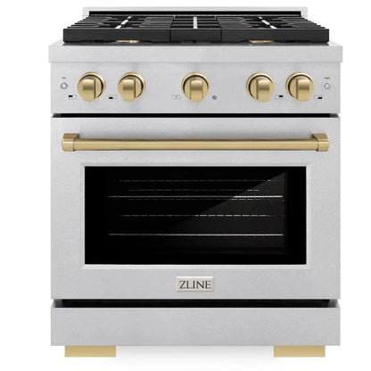ZLINE Autograph 30" 4.2 cu. ft. Paramount Gas Range with 4 Burner Cooktop and Convection Gas Oven in Satin Stainless Steel and Champagne Bronze Accents, SGRSZ-30-CB