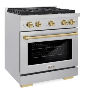 ZLINE Autograph 30" 4.2 cu. ft. Paramount Gas Range with 4 Burner Cooktop and Convection Gas Oven in Satin Stainless Steel and Champagne Bronze Accents, SGRSZ-30-CB