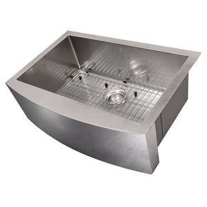 ZLINE 30" Zermatt Farmhouse Apron Mount Single Bowl Satin Stainless Steel Kitchen Sink with Bottom Grid, SAS-30S
