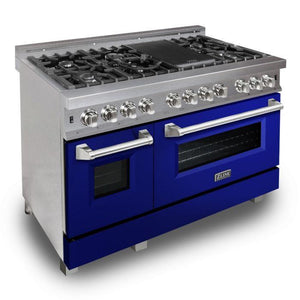 ZLINE 48" 6.0 cu. ft. Legacy Dual Fuel Range with 7 Burner Gas Cooktop and 2 Electric Ovens in Satin Stainless Steel and Blue Gloss Doors, RAS-BG-48