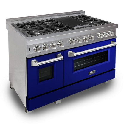 ZLINE 48" 6.0 cu. ft. Legacy Dual Fuel Range with 7 Burner Gas Cooktop and 2 Electric Ovens in Satin Stainless Steel and Blue Gloss Doors, RAS-BG-48