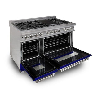 ZLINE 48" 6.0 cu. ft. Legacy Dual Fuel Range with 7 Burner Gas Cooktop and 2 Electric Ovens in Satin Stainless Steel and Blue Gloss Doors, RAS-BG-48