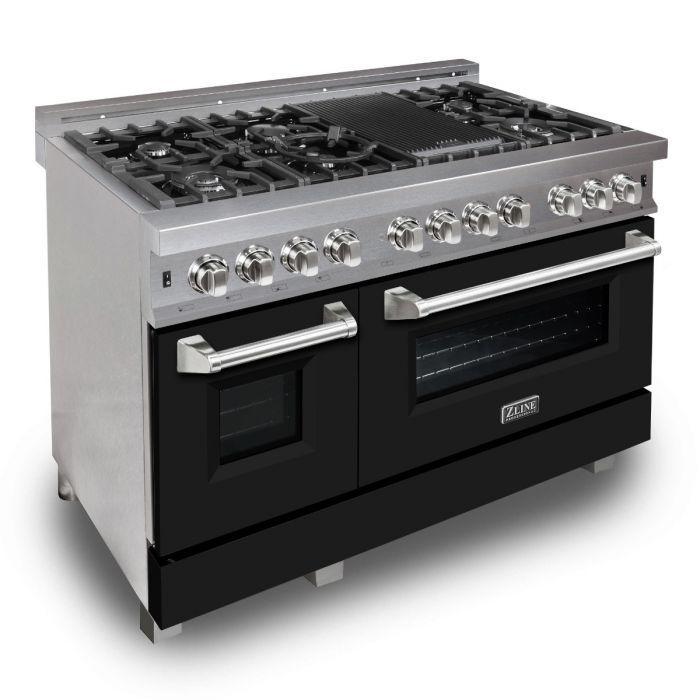 ZLINE 48" 6.0 cu. ft. Legacy Dual Fuel Range with 7 Burner Gas Cooktop and 2 Electric Ovens in Satin Stainless Steel and Black Matte Doors, RAS-BLM-48