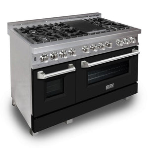 ZLINE 48" 6.0 cu. ft. Legacy Dual Fuel Range with 7 Burner Gas Cooktop and 2 Electric Ovens in Satin Stainless Steel and Black Matte Doors, RAS-BLM-48