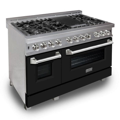 ZLINE 48" 6.0 cu. ft. Legacy Dual Fuel Range with 7 Burner Gas Cooktop and 2 Electric Ovens in Satin Stainless Steel and Black Matte Doors, RAS-BLM-48