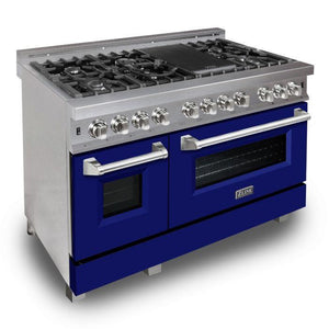 ZLINE 48" 6.0 cu. ft. Legacy Dual Fuel Range with 7 Burner Gas Cooktop and 2 Electric Ovens in Satin Stainless Steel and Blue Matte Doors, RAS-BM-48