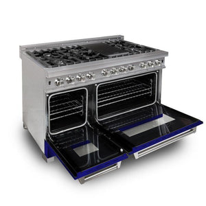 ZLINE 48" 6.0 cu. ft. Legacy Dual Fuel Range with 7 Burner Gas Cooktop and 2 Electric Ovens in Satin Stainless Steel and Blue Matte Doors, RAS-BM-48