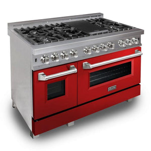 ZLINE 48" 6.0 cu. ft. Legacy Dual Fuel Range with 7 Burner Gas Cooktop and 2 Electric Ovens in Satin Stainless Steel and Red Gloss Doors, RAS-RG-48