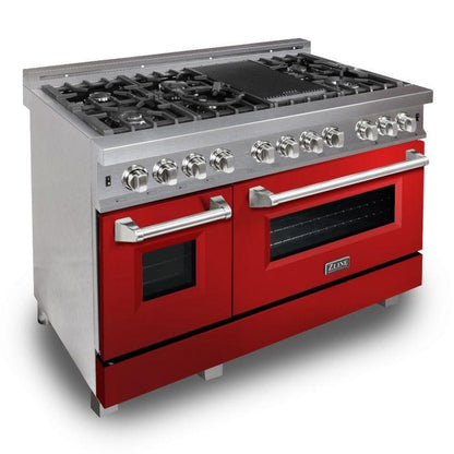 ZLINE 48" 6.0 cu. ft. Legacy Dual Fuel Range with 7 Burner Gas Cooktop and 2 Electric Ovens in Satin Stainless Steel and Red Gloss Doors, RAS-RG-48