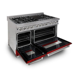 ZLINE 48" 6.0 cu. ft. Legacy Dual Fuel Range with 7 Burner Gas Cooktop and 2 Electric Ovens in Satin Stainless Steel and Red Gloss Doors, RAS-RG-48