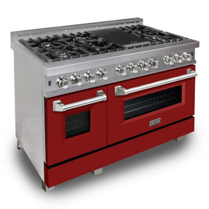 ZLINE 48" 6.0 cu. ft. Legacy Dual Fuel Range with 7 Burner Gas Cooktop and 2 Electric Ovens in Satin Stainless Steel and Red Matte Doors, RAS-RM-48