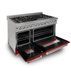 ZLINE 48" 6.0 cu. ft. Legacy Dual Fuel Range with 7 Burner Gas Cooktop and 2 Electric Ovens in Satin Stainless Steel and Red Matte Doors, RAS-RM-48