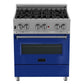 ZLINE 30" 4.0 cu. ft. Legacy Dual Fuel Range with 4 Burner Gas Cooktop and Electric Convection Oven in Satin Stainless Steel and Blue Gloss Door, RAS-BG-30