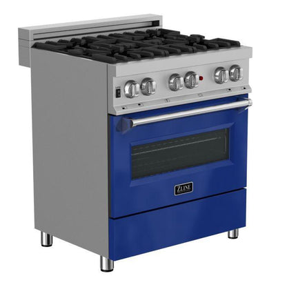 ZLINE 30" 4.0 cu. ft. Legacy Dual Fuel Range with 4 Burner Gas Cooktop and Electric Convection Oven in Satin Stainless Steel and Blue Gloss Door, RAS-BG-30