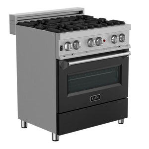 ZLINE 30" 4.0 cu. ft. Legacy Dual Fuel Range with 4 Burner Gas Cooktop and Electric Convection Oven in Satin Stainless Steel and Black Matte Door, RAS-BLM-30