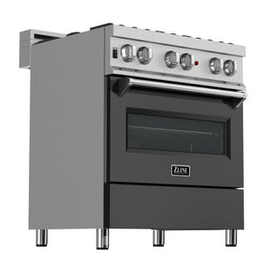 ZLINE 30" 4.0 cu. ft. Legacy Dual Fuel Range with 4 Burner Gas Cooktop and Electric Convection Oven in Satin Stainless Steel and Black Matte Door, RAS-BLM-30