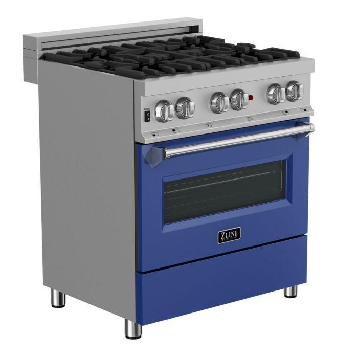 ZLINE 30" 4.0 cu. ft. Legacy Dual Fuel Range with 4 Burner Gas Cooktop and Electric Convection Oven in Satin Stainless Steel and Blue Matte Door, RAS-BM-30
