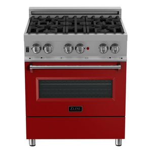 ZLINE 30" 4.0 cu. ft. Legacy Dual Fuel Range with 4 Burner Gas Cooktop and Electric Convection Oven in Satin Stainless Steel and Red Matte Door, RAS-RM-30