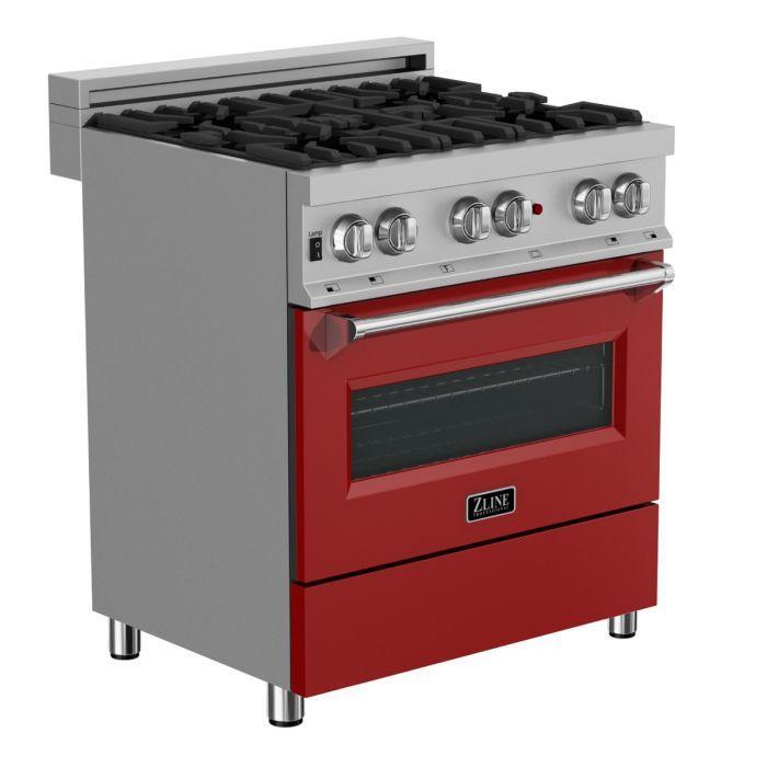 ZLINE 30" 4.0 cu. ft. Legacy Dual Fuel Range with 4 Burner Gas Cooktop and Electric Convection Oven in Satin Stainless Steel and Red Gloss Door, RAS-RG-30