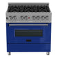 ZLINE 36" 4.6 cu. ft. Legacy Dual Fuel Range with 6 Burner Gas Cooktop and Electric Convection Oven in Satin Stainless Steel and Blue Gloss Door, RAS-BG-36