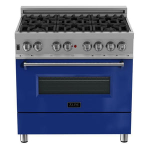 ZLINE 36" 4.6 cu. ft. Legacy Dual Fuel Range with 6 Burner Gas Cooktop and Electric Convection Oven in Satin Stainless Steel and Blue Gloss Door, RAS-BG-36