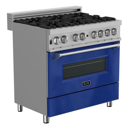 ZLINE 36" 4.6 cu. ft. Legacy Dual Fuel Range with 6 Burner Gas Cooktop and Electric Convection Oven in Satin Stainless Steel and Blue Gloss Door, RAS-BG-36