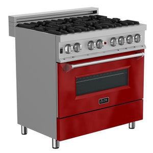 ZLINE 36" 4.6 cu. ft. Legacy Dual Fuel Range with 6 Burner Gas Cooktop and Electric Convection Oven in Satin Stainless Steel and Red Gloss Door, RAS-RG-36