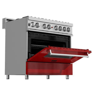 ZLINE 36" 4.6 cu. ft. Legacy Dual Fuel Range with 6 Burner Gas Cooktop and Electric Convection Oven in Satin Stainless Steel and Red Gloss Door, RAS-RG-36