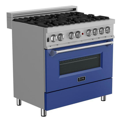 ZLINE 36" 4.6 cu. ft. Legacy Dual Fuel Range with 6 Burner Gas Cooktop and Electric Convection Oven in Satin Stainless Steel and Blue Matte Door, RAS-BM-36
