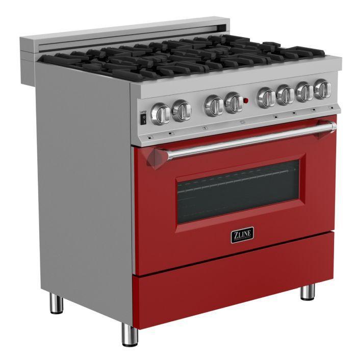 ZLINE 36" 4.6 cu. ft. Legacy Dual Fuel Range with 6 Burner Gas Cooktop and Electric Convection Oven in Satin Stainless Steel and Red Matte Door, RAS-RM-36
