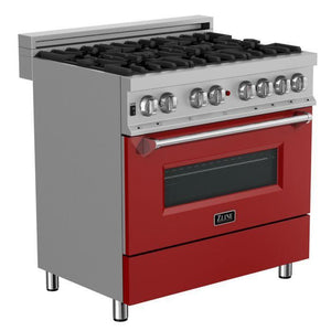 ZLINE 36" 4.6 cu. ft. Legacy Dual Fuel Range with 6 Burner Gas Cooktop and Electric Convection Oven in Satin Stainless Steel and Red Matte Door, RAS-RM-36