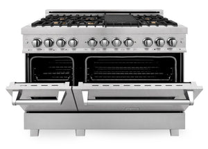 ZLINE 48" 6.0 cu. ft. Legacy Dual Fuel Range with Gas Cooktop and 2 Electric Ovens in Satin Stainless Steel with 6 Brass Burners, RAS-SN-BR-48